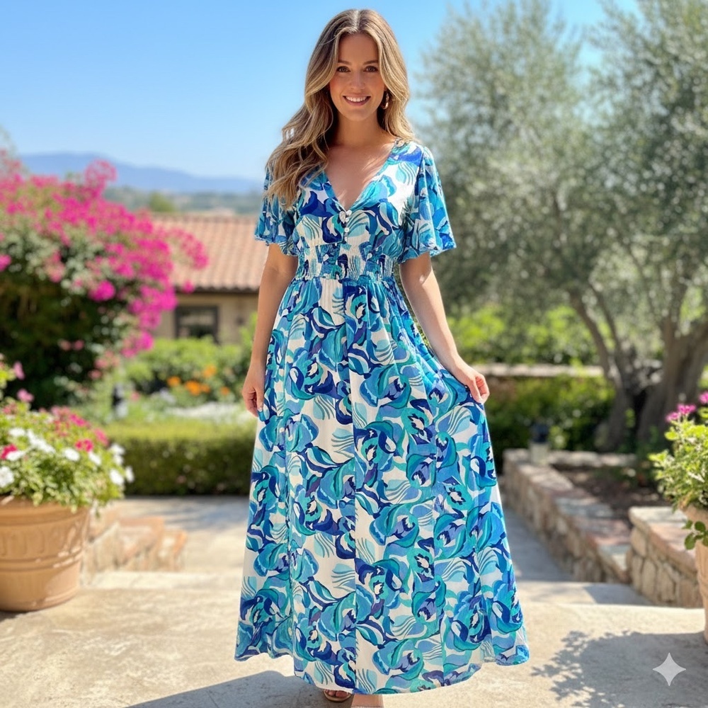 NWOT Anthropologie Abel the Label Blue Floral Flutter Sleeve Maxi Dress Size XS